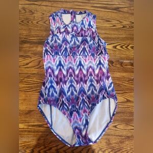 Tommy Bahama Ikat Mirage Half Zip Blue Monday One Piece Swimsuit Size 8 EUC